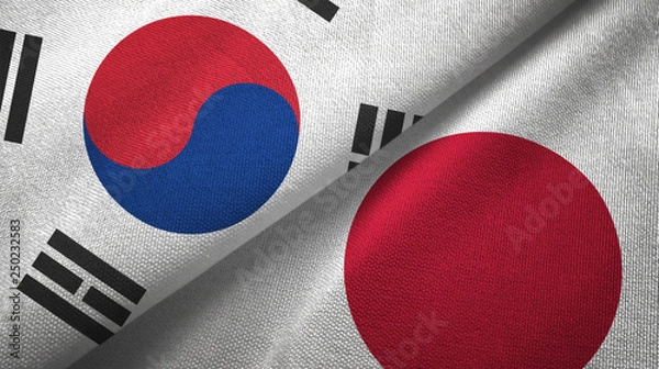 Fototapeta South Korea and Japan two flags textile cloth, fabric texture