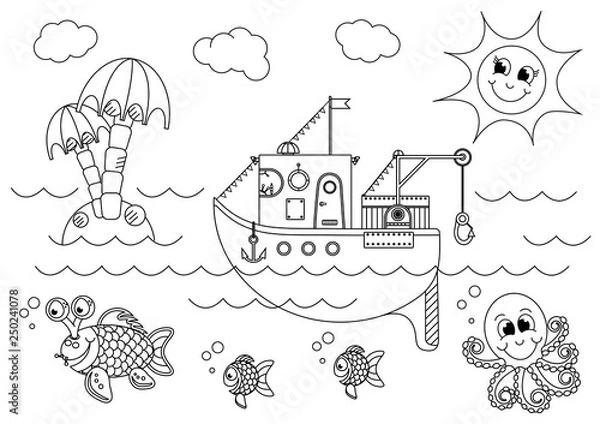 Fototapeta Fishing boat floating in the sea with fish and octopus, vector illustration cartoon. A boat sailing in the sea. Black and white vector illustration for coloring book