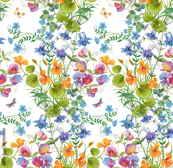 Fototapeta Decorative  composition of different flowers. Seamless background pattern version 1