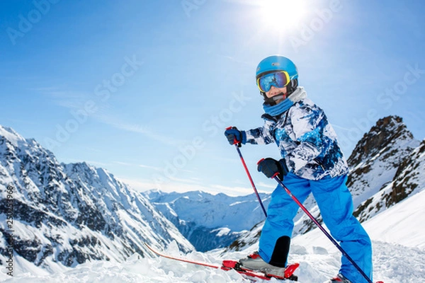 Fototapeta Happy people, children and adults, skiing on a sunny day in Tyrol mountains