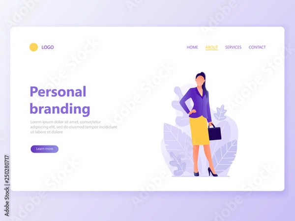 Fototapeta Web page template for personal branding, business communication, consulting, planning. Landing page design. Businesswoman. Web banner, mobile app. Vector illustration