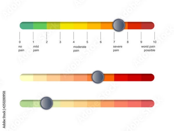 Fototapeta Pain scale slider bar. Assessment medical tool. Line horizontal chart indicates pain stages and evaluate suffering. Vector illustration clipart