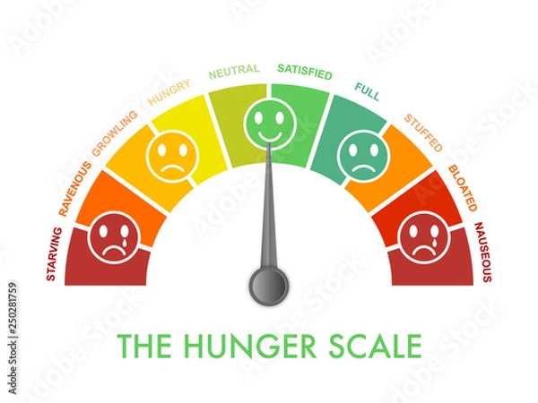 Fototapeta Hunger-fullness scale 0 to 10 for intuitive and mindful eating and diet control. Arch chart indicating hunger stages to evaluate level of appetite. Emoji faces show emotion.Vector illustration clipart