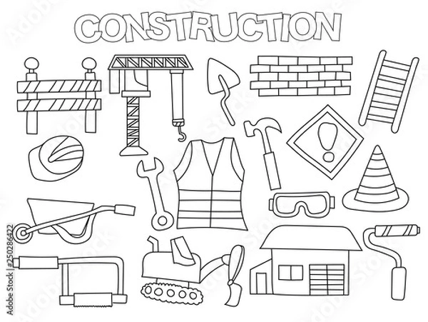 Fototapeta Construction set of icons and objects. Hand drawn doodle building renovation design concept. Black and white outline coloring page game. Monochrome line art. Vector illustration.