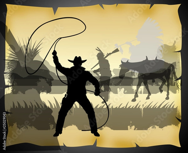 Obraz action west with indians and cowboy on a old paper background