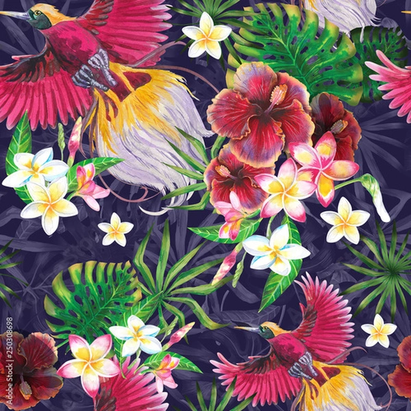 Fototapeta Exotic summer print with flamingo and tropical leaves. Isolated  illustration on white background. Watercolor style