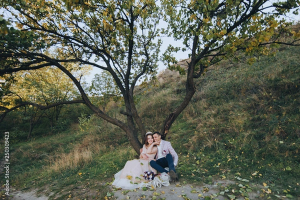Fototapeta Autumn portrait of beautiful newlyweds, on the background of a large tree with leaves. Wedding photography. Stylish groom hugging a sweet bride in a beige dress with a crown.