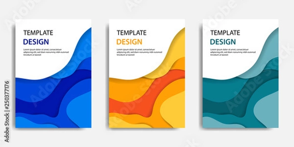 Fototapeta Vector illustration, document mock up template, easy color adjustment. Paper cut topographic style in colorful wave layering. Suitable for book cover, annual report, flyer, poster, brochure.