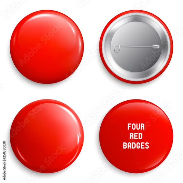 Fototapeta Vector blank red glossy badges or web buttons. Four different plastic pins, emblems, volunteer labels. Front and Back Side. 3d render. Vector.