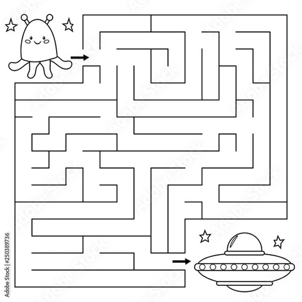 Fototapeta Maze game for children, help the alien find right path to the UFO. Coloring page. Vector illustration.