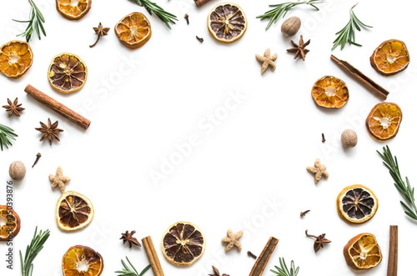 Fototapeta Christmas drink mulled wine. Ingredients of a hot delicious drink. Christmas or New Year. Flat lay, top view, copy space,  mock-up