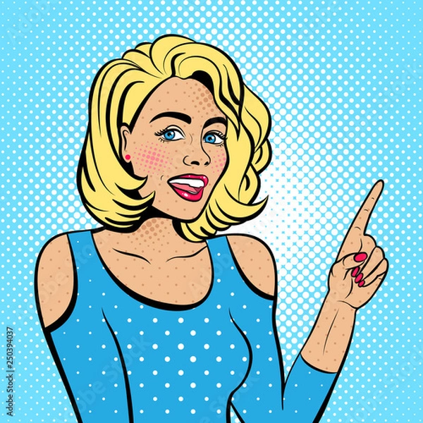 Fototapeta Sexy woman with squinted eyes and open mouth. Vector background in comic style retro pop art. Advertising Pop Art poster or invitation to a party. Face close-up.