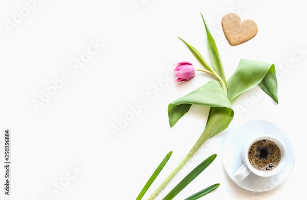 Obraz Delicate composition with tulip and liver in the form of heart. Love Background for the presentation of work or text.  Top view. Copy space.  Top view. Copy space. Mock-up