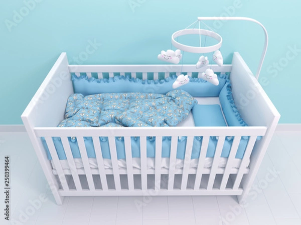 Fototapeta Image of white baby cot with decor