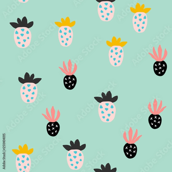 Fototapeta Different abstract pineapples on a blue background. Creative trendy seamless pattern with pineapples. Hand drawn vector illustration in pastel colors - pink, yellow, black