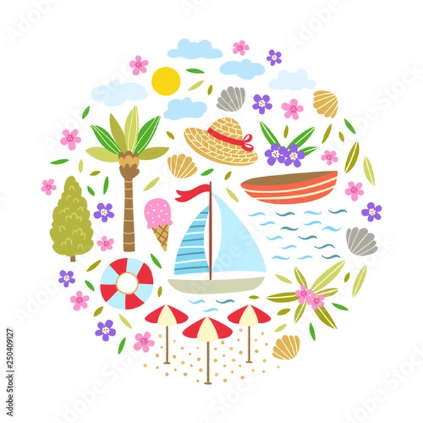 Obraz Beach travel icons. Cute rest vector symbols: summer time elements, nature, sea, ship, palm tree, flowers