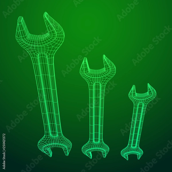Fototapeta Wrench. Spanner repair tool. Mechanic or engineer instruments. Support service wireframe low poly mesh vector illustration
