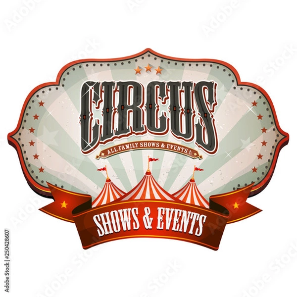 Fototapeta Carnival Circus Banner With Big Top/ Illustration of a retro and vintage circus red poster badge, with marquee, big top, sunbeams and banner