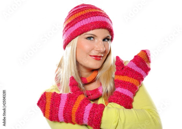 Obraz Seasonal portrait of pretty funny woman in hat and gloves smilin