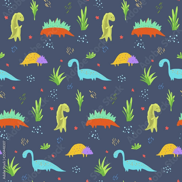 Fototapeta Cute dark blue seamless pattern with bright colorful dinosaurs for kids textile. Childish texture with diplodocus, tyrannosaurs, triceratops characters for children cloth, wrapping paper, background