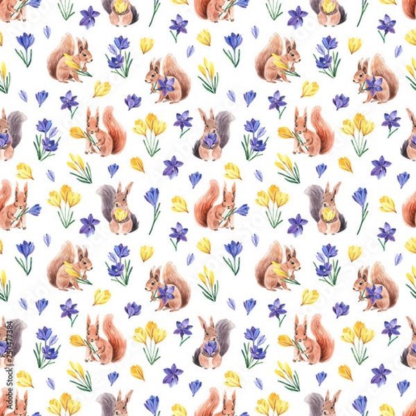Obraz Seamless pattern with cute squirrel and bright crocus. Spring bright colors for textiles, cards, packaging.