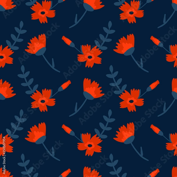 Fototapeta Floral hand drawn seamless color pattern. Cartoon texture with cute flowers and leaves. Floral ornament in scandinavian style. Sketch for wrapping paper, textile, background vector fill.