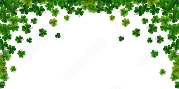 Fototapeta Happy Saint Patrick's day background with realistic shamrock leaves, decorative frame template, vector illustration