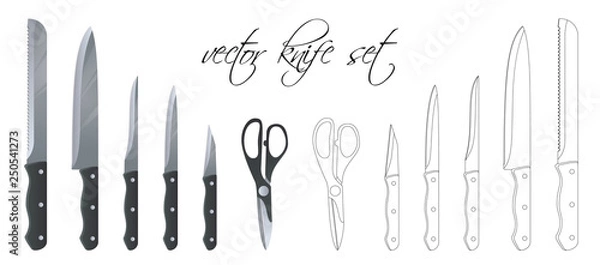 Fototapeta Set of kitchen knife, scissors and cutter. Linear set. Vector illustration. Scalable and editable colour.
