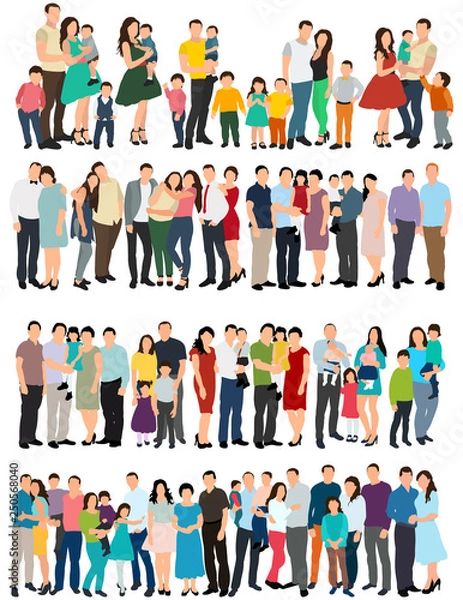 Fototapeta vector, isolated, flat style, people without faces, family, parents and children, set