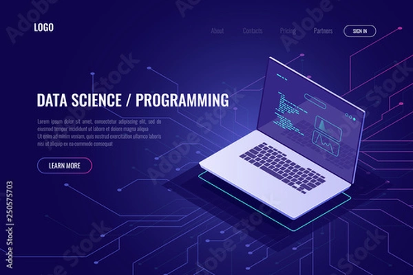 Obraz Programowanie i tworzenie oprogramowania ikona izometryczna baneru strony internetowej, komputer przenośny z kodem programu na ekranie, abstrakcyjna koncepcja statystyki i analizy danych, mikro schemat, ultrafiolet