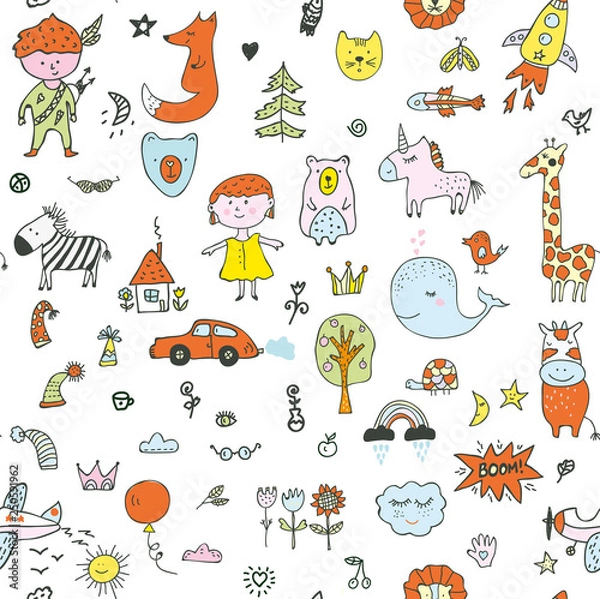 Obraz Kids doodle seamless pattern for the kindergarten, cute design. Vector graphic illustration