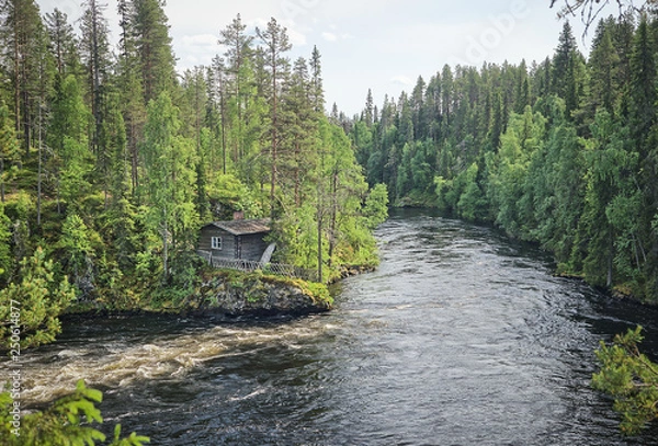 Obraz Scandinavian landscape with an old fisherman's hut along the Oulankajoki river at the Oulanka National Park in Kuusamo, Finland. Scenic view of the northern nature and the flowing water in the stream.