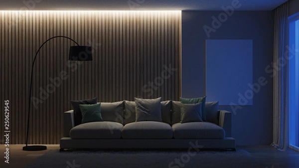 Obraz Modern house interior. Night. Evening lighting. 3D rendering.