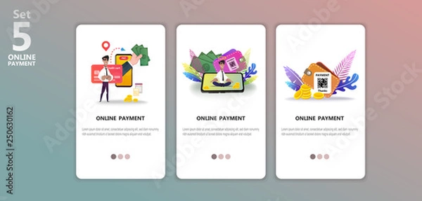 Fototapeta Online payment concept illustration app templete set. Internet payments, protection money transfer, online bank. Happy character. Screen gadget, money, wallet. Use for banner, mobile app, landing page