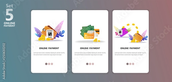 Fototapeta Online payment concept illustration app templete set. Internet payments, protection money transfer, online bank. Happy character. Screen gadget, money, wallet. Use for banner, mobile app, landing page
