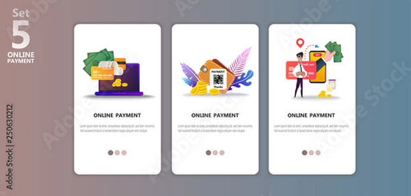 Fototapeta Online payment concept illustration app templete set. Internet payments, protection money transfer, online bank. Happy character. Screen gadget, money, wallet. Use for banner, mobile app, landing page