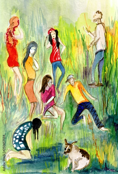 Fototapeta company of people walking in the park