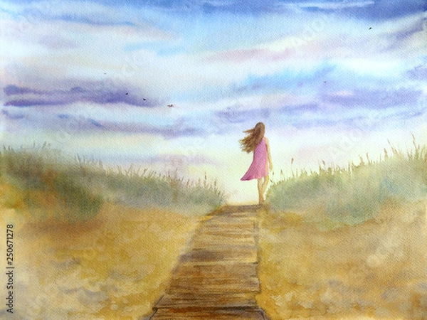 Fototapeta Akwarele ręcznie rysowane ilustracja krajobraz z dziewczyną spacerującą po plaży wieczorem.