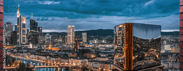 Fototapeta Aerial 180 degrees panorama of Frankfurt. High resolution aerial panoramic view of Frankfurt, Germany at dusk.