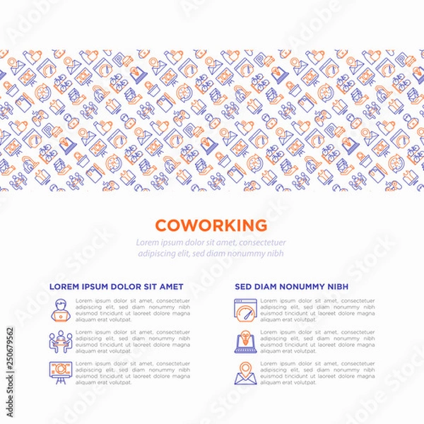 Fototapeta Coworking office concept with thin line icons: workplace, meeting room, conference hall, smart office, fast internet, 24 hour access, IT support, bike storage, recreation zone. Vector illustration.