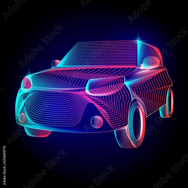 Obraz Vector car or automobile vehicle contour silhouette with abstract 3d shapes geometry lines texture and outline gradient waves vintage modern trendy art graphic design illustration on dark background