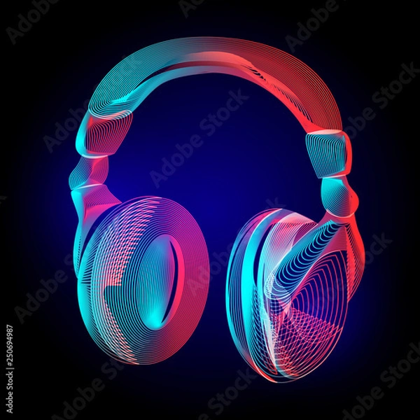Obraz Vector colorful headphones or music sound earphones silhouette with abstract .geometry lines texture and outline gradient waves vintage modern trendy art graphic design illustration on dark background
