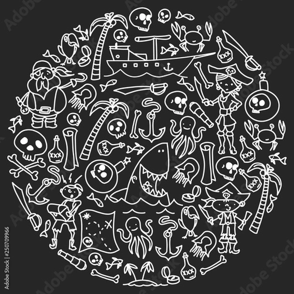 Fototapeta Vector set of pirates children's drawings icons in doodle style. Painted, black monochrome, chalk pictures on a blackboard.