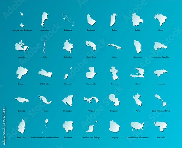 Fototapeta Vector illustration set with simplified maps of all South, North and Cental American states (countries). Light blue silhouettes, blue background. Alphabet order