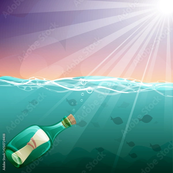 Fototapeta Cartoon underwater world with the letter in a bottle, fish and reefs. Bottle on the ocean bottom. Vector illustration on a pirate theme