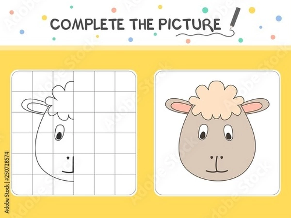 Obraz Complete the picture of a sheep. Copy the picture. Coloring book. Educational game for children. Cartoon vector illustration.