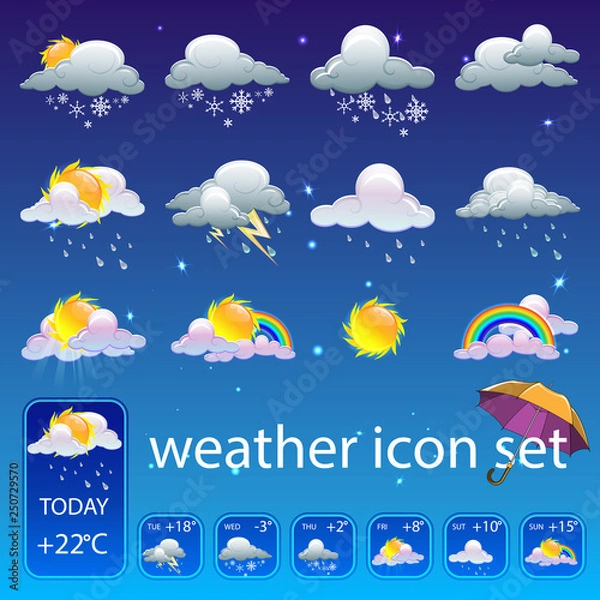 Fototapeta Cartoon set of weather icons. Vector illustration of weather conditions