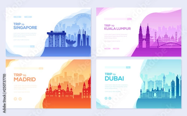 Fototapeta Travel information brochure card set. Landscape ?ountry Singapore, Kuala Lumpur, Madrid, Dubai of template of flyear, web banner, ui header, enter site. Layout invintation modern