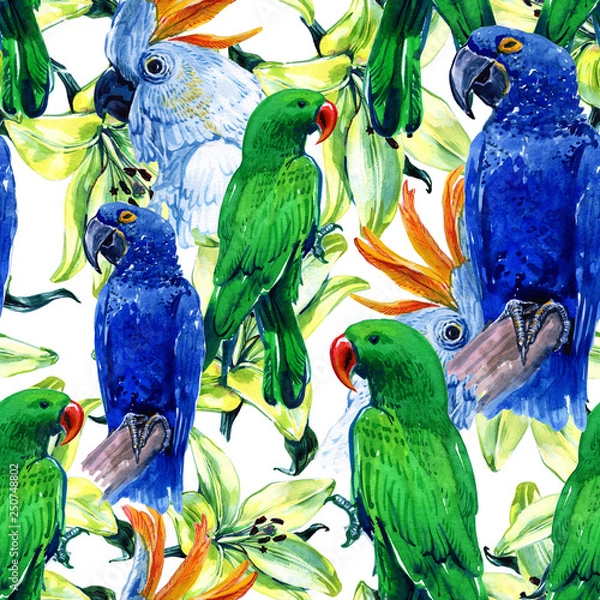 Obraz Watercolor seamless pattern of tropical leaves and birds. Scarlet macaw parrot and green Alexandrine parrot.  - Illustration