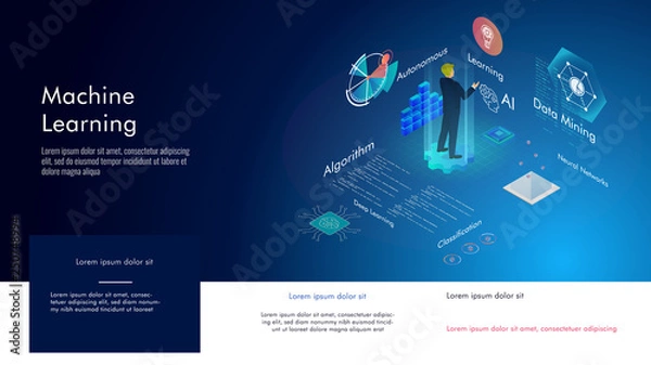 Obraz Machine learning, Ai, Data mining, algorithm, algorithm, neural network, deep learning and autonomous. isometric vector concept